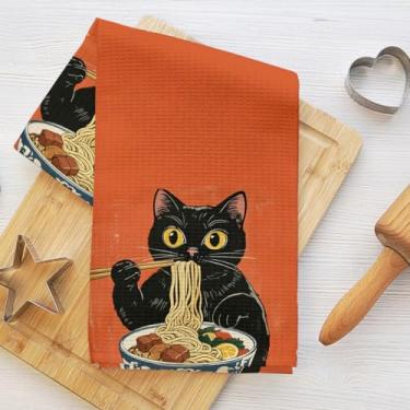 Imagem de Toalhas de cozinha japonesas de ramen comendo gatos 61 x 35 cm, toalhas de mão waffle para cozinha, casa, fazenda, pano de prato de microfibra macia absorvente, toalha de chá, presentes para amantes