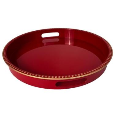 Imagem de Umisriro Bandeja decorativa vermelha para mesa de café, bandeja de servir de plástico com contas redondas para balcão de cozinha, otomano, sala de estar, (33 cm)