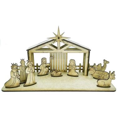 Imagem de Presépio Pequeno em MDF Crú, Conjunto Natalino Artesanal, Kit Completo com Manjedoura, Personagens e Animais, Decoração de Natal