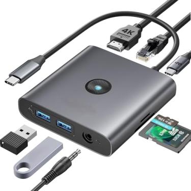 Imagem de Estação de ancoragem USB C 8 em 1 com leitores de cartão HDMI 4K, SD e TF, 2 USB-A 3.0, Gigabit Ethernet, AUX, PD de 100 W - Hub USB C adaptador multiportas para MacBook Air Pro e outros dispositivos