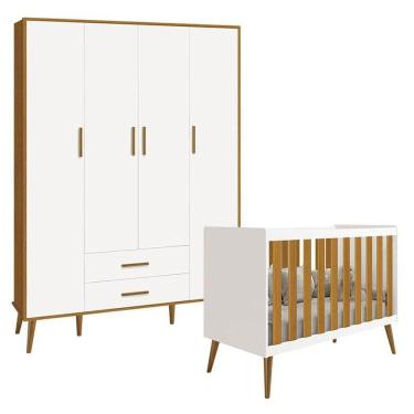 Imagem de Berço Americano E Guarda Roupa Infantil 4 Portas Isis Branco Acetinado Savana - Reller