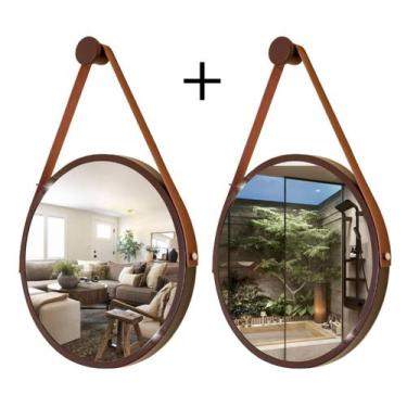 Imagem de Kit 2 Espelhos Redondo Decorativo Suspenso Alça 50cm + Suporte Marrom 