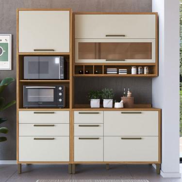 Imagem de Armário de Cozinha Modulada com Balcão e Tampo 6 Portas 5 Gavetas ágata 100% Mdf Vidro Reflecta Amêndoa/Off White - Pnr Móveis