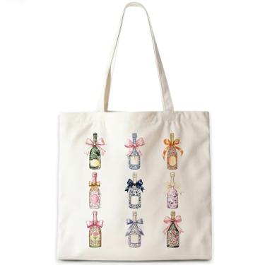 Imagem de CosxHabitat Sacola Coquette Bow Champagne, presentes para amantes de champanhe, sacolas de lona, Preppy Grandmillennial, garrafa de vinho, reutilizável, sacola de compras de supermercado