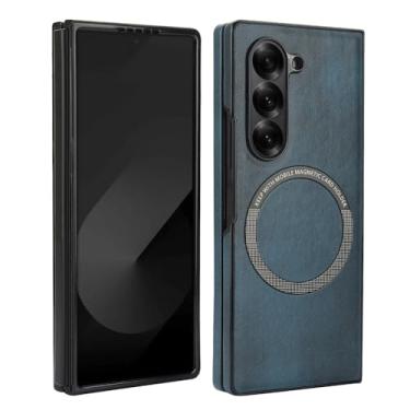 Imagem de XKchatpt Capa magnética para Samsung Galaxy Z Fold 6 suporta carregamento sem fio, capa rígida fina à prova de choque de couro PU para Samsung Galaxy Z Fold 6 (azul)