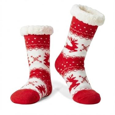 Imagem de LIGHT DOT Meias femininas de inverno com forro de lã de ovelha, estampa de rena, antiderrapante, confortável, macia, quente, presente de Natal, Vermelho, 6-10