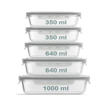 Imagem de Kit 5 Potes de Vidro Borossilicato para Marmita - [2x 350ml, 2x 640ml, 1x 1L] - Tampa com Travas, Vedação em Silicone, Livre de BPA, Vai ao Micro-ondas, Freezer e Lava Louças