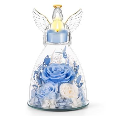 Imagem de AIMEYE Presentes de rosas de Natal para mãe, flores reais preservadas, rosas em vidro, estatuetas de anjo com suporte de vela Tealight, para avó, mulheres, mãe, esposa, sogra/azul