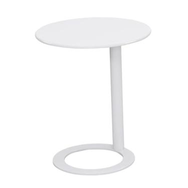 Imagem de Ｂｅｓｇａ Mesa lateral pequena, moderna e minimalista, de metal com base, pequena mesa de pedestal para pátio, banheiro, dormitório, de cabeceira, Branco