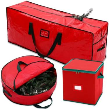 Imagem de Wesnoy Pacote com 3 sacos de armazenamento de árvore de Natal e conjunto de armazenamento de enfeites de Natal para árvore artificial desmontada de 2,3 m, durável, impermeável, com alças, guirlanda de