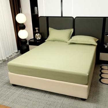 Imagem de PENCYHAME Jogo de lençol com elástico verde, conjunto completo de lençol com elástico de poliéster e fronha, lençol com elástico alto, jogo de cama de 3 peças, sem lençol de cima incluído, macio e