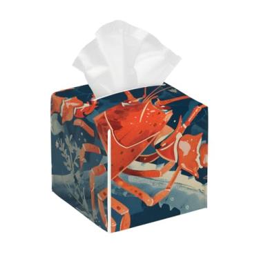 Imagem de Capa quadrada de couro para caixa de lenços de papel, impermeável, animal, lagosta, oceano, retrô, organizador de papel facial com cinto inferior, estojo de lenços para mesa, banheiro, escritório