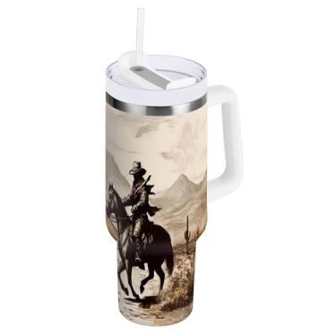 Imagem de xigua Copo vintage Western Cowboy de 850 g com tampa e canudo, aço inoxidável de vácuo duplo isolado garrafa de água esportiva suporte para copo de café de viagem à prova de vazamento para bebida