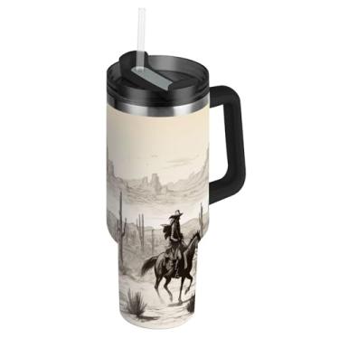 Imagem de Blueangle Copo caubói americano de 850 g com alça e tampa de palha, caneca de viagem de aço inoxidável isolada a vácuo de parede dupla, garrafa de água reutilizável para academia de escritório ao ar