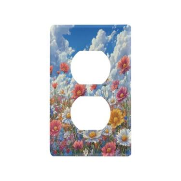 Imagem de Blueangle Placa de parede de tomada dupla de flores silvestres coloridas, tamanho padrão, placas de cobertura de tomada elétrica de 1 gangue para decoração de quarto de escritório em casa, 4,53 x 2,76