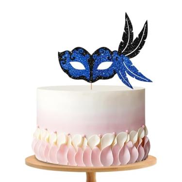 Imagem de Máscara de baile de máscaras, top de bolo com máscara azul preta, decoração de bolo de festa de jazz retrô com glitter para mulheres e homens, decoração de festa de aniversário temática dos anos 20