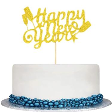 Imagem de Topo de bolo feliz ano novo, cartolina dourada com glitter com taça de vinho e design de estrelas