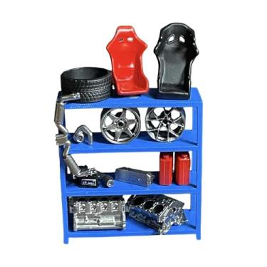 Imagem de simhoa Prateleiras para peças de carros, miniaturas de peças automotivas em escala 1:64, enfeites, adereços fotográficos, rodas e motores em miniatura para