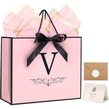 Imagem de KeerxunBag Sacos de presente personalizados para mulheres e meninas com inicial - Saco de presente de papel rosa monograma com laço de fita, papel de seda combinando, cartão e adesivo de envelope (V