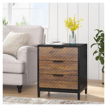 Imagem de SPXMQSS SPXMQSS Mesa de cabeceira com gaveta, armário de cabeceira com 3 gavetas, mesa de cabeceira de madeira para quarto, sala de estar, mesa lateral de cama pequena, 50 x 40 x 62,5 cm, preto