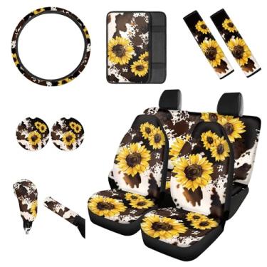 Imagem de gearider Girassol, pacote com 12 capas de assento de carro, conjunto completo com capa de volante, capa de cinto de segurança automotiva, porta-copos com estampa de vaca, console central, conjunto de