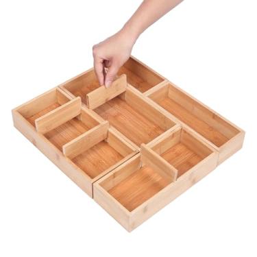Imagem de Conjunto de organizadores de gaveta de bambu com divisórias removíveis, 5 unidades de organizadores de armazenamento de madeira multiuso ajustáveis (5 a 9 grades), bandeja de gaveta de mesa para