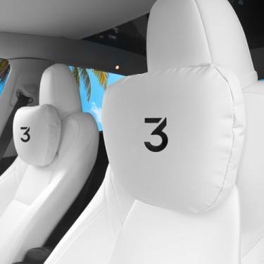 Imagem de Travesseiro de pescoço de carro de couro Napa para Tesla Model Y Model 3 Juniper/Highland almofada de encosto de cabeça espuma viscoelástica design ergonômico respirável altura ajustável acessórios