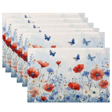 Imagem de Jogo americano de tecido de flores em aquarela, jogo americano de mesa do dia da independência, conjunto de 6 tapetes de pano, tapetes de mesa laváveis resistentes ao calor para decoração de casa