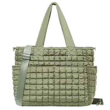 Imagem de Yarnic Sacola acolchoada para mulheres, bolsa grande leve com zíper e 7 bolsos, bolsa de ombro inchada para viagens, academia, trabalho, Eucalyptus Fog