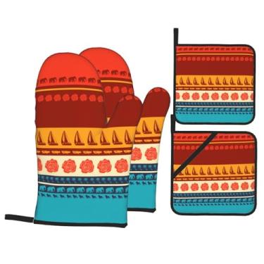 Imagem de Conjunto de luvas para cozinha africanas, indianas, listradas, com suportes de tampa, luvas de forno resistentes ao calor para manusear panelas quentes, grelhar, churrascos, kit de 4 peças.
