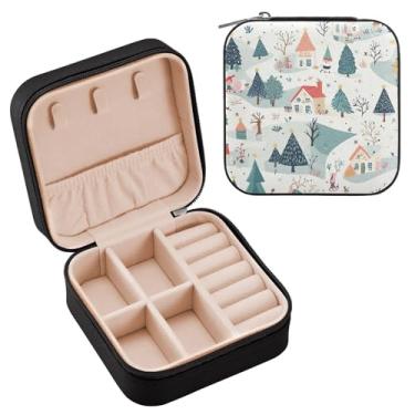 Imagem de YETTASBIN Caixa de joias Christmas Village para adolescentes, meninas, mulheres, presente de aniversário, Natal, caixa de armazenamento portátil de couro PU, mini estojo de joias de viagem para colar