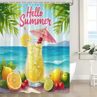 Imagem de HUSPWP Cortina de chuveiro de verão oceano praia folhas de palmeira engraçado havaiano azul laranja suco de limão conjunto de cortina de banheiro com gancho, 70 x 70 pol