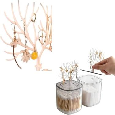 Imagem de Porta Joias com Suporte para Brincos, Organizador Decorativo em Forma de Árvore, Plástico, Branco e Cinza, 10x9x9cm, Transparente