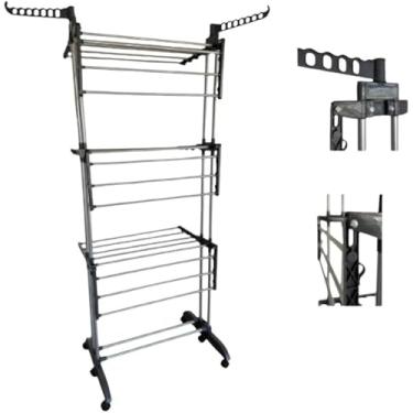 Imagem de Varal de Chão 3 Andares com Bandejas e Cabideiro - Multiuso Organizador de Roupas Preto para Casa Apartamento Quarto Lavanderia - Suporte Extensível