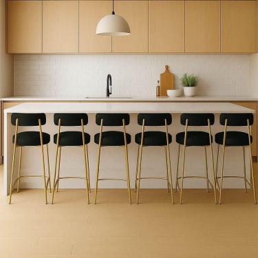 Imagem de Banqueta Cozinha Média Com Encosto Industrial Dourado Kit 6 Londres Pu Preto D03 - D`rossi