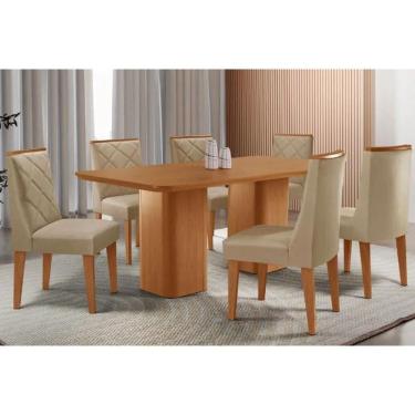 Imagem de Sala Jantar Mesa Maldivas Tampo Curvo 180cm+6 Cadeiras Pietá Madeira Naturale - Capuccino/Linho Bege - Rufato