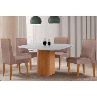Imagem de Sala Jantar Mesa Maldivas Tampo c/ Vidro Curvo 90cm+4 Cadeiras Dakota Madeira Naturale/Off White - Capuccino/Linho Capuccino - Rufato