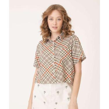 Imagem de Camisa Cropped Feminina Xadrez Manga Curta Marisa-74414, Bege, P