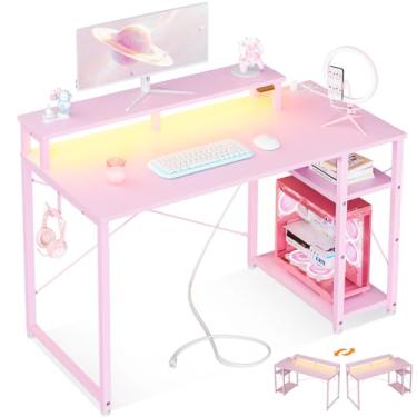 Imagem de MOTPK Mesa de jogos rosa com luzes LED e tomada, pequena mesa de computador para jogos de 101 cm com prateleiras, mesa reversível para jogadores com suporte ajustável para monitor e gancho para fone