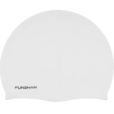 Imagem de Funzhan Touca de natação grande de alta elasticidade impermeável antiderrapante para todos os cortes de cabelo cabelo longo curto cacheado silicone durável confortável (branco)