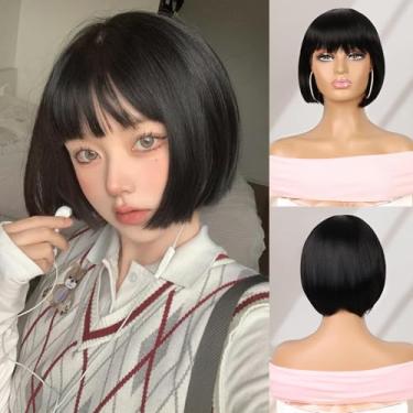 Imagem de Peruca preta curta bob, peruca reta preta bob com franja, franja reta de 30,5 cm para mulheres naturais à procura de festa de Halloween fantasia cosply festa uso diário