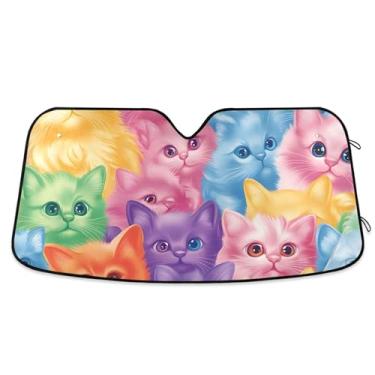 Imagem de Toldo de sol fofo de gatinhos de desenho animado colorido para para-brisa de carro engraçado personalizado dobrável caminhão carro persianas para janelas dianteiras automotivas L, 144,8 cm x 80 cm