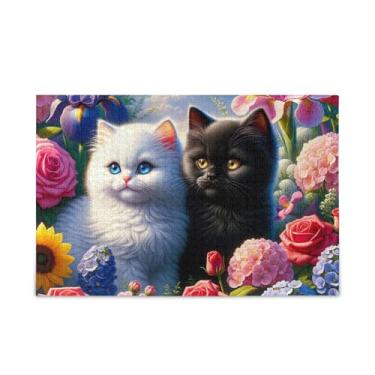 Imagem de Quebra-cabeça de 500 peças, gatinhos fofos, flores coloridas, quebra-cabeças, presente faça você mesmo, com bolsa de armazenamento de malha, atividade familiar divertida, 52 cm C x 37,8 cm L