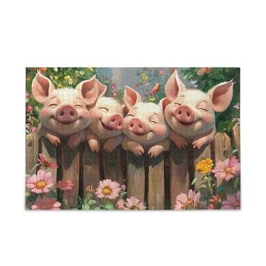 Imagem de Quebra-cabeça de 500 peças, lindos leitões, cerca de flores, quebra-cabeça, presente faça você mesmo, com bolsa de armazenamento de malha para adultos, famílias, 52 cm C x 37,8 cm L