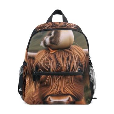 Imagem de GAIGEO Cute Highland Cow Duck Print Child Backpack with Whistle, 2 Bottle Pockets, Lightweight, Kids Travel Backpack 10x4x12 In, for Ages 3-8