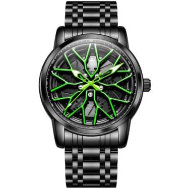 Imagem de OLEVS Relógios masculinos 42 mm, mostrador grande, esqueleto, luminoso, à prova d'água, aço inoxidável, moderno, relógio de carro, 3701: verde, Tendência
