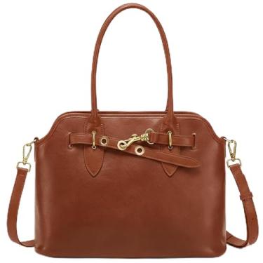 Imagem de Mewpurrs Bolsa tiracolo de couro genuíno para mulheres | Bolsa de ombro com alça superior estruturada com alça ajustável, Marrom-grande, Small