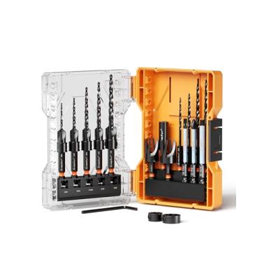 Imagem de Crosstar Conjunto de brocas escareadoras de 18 peças com cortador de plugue de madeira e anéis de parada | Pontas piloto cônicas, M2 HSS, haste sextavada de troca rápida de 1/10.2 cm | Kit de