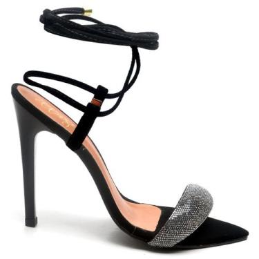 Imagem de Sandália Salto Alto Bico Folha Nobuck Preto Manta Strass - Ella'S, 38,