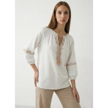 Imagem de Blusa Branca e Bege Bordada Manga 3/4 Viscose Sob-Feminino